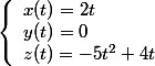 \left\lbrace\begin{array}l x(t)= 2t \\ y(t) = 0 \\ z(t) = -5t^2 + 4t \end{array} 
